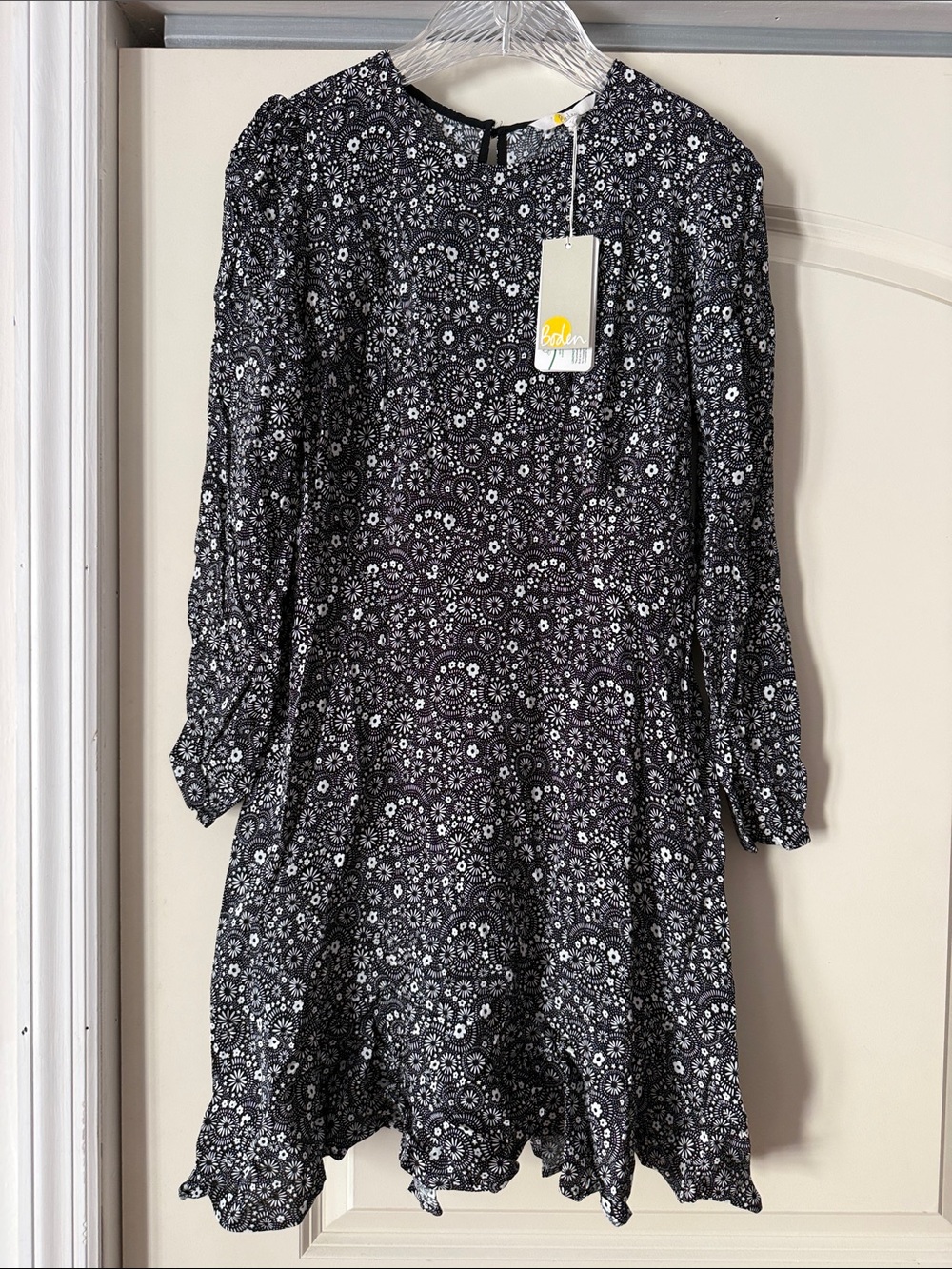 Boden Black and White Floral Long-Sleeve Ruffle-Hem Dress